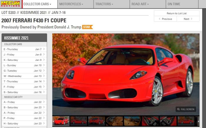 曾屬特朗普的法拉利跑車將拍賣